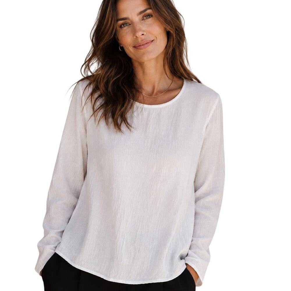 Eileen Fisher Crepe Top Womens Medium White Sustainable Long Sleeve Blouse